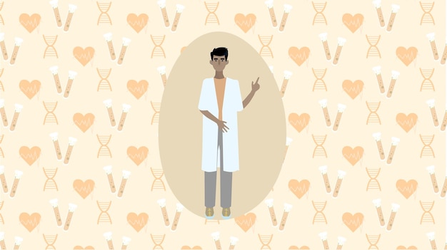 D-Vektor-Illustration eines männlichen Arztes in weißer Uniform, der mit dem Finger nach oben zeigt und Aufmerksamkeit erregt