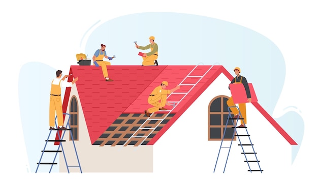 Dach Bauarbeiter Charaktere führen Dachdeckerarbeiten Dachdecker Männer mit Arbeitswerkzeugen reparieren Haus Dachziegel