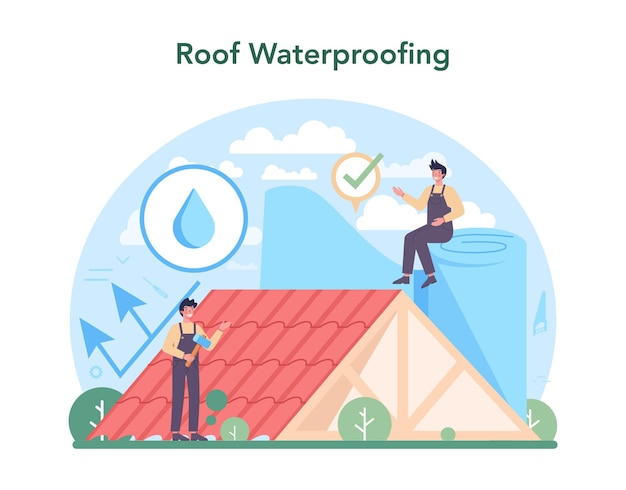 Dachbauarbeiter gebäudebefestigung und hausrenovierung dachziegel mit arbeitsausrüstung anwenden dachdeckermänner mit arbeitswerkzeugen isolierte flache vektordarstellung