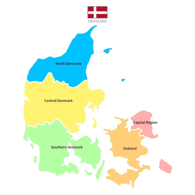 Dänemark kartiert Hintergrund mit Regionen, Regionsnamen und Städten in farbiger Flagge. Dänemark-Karte isoliert o