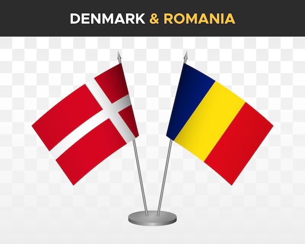 Dänemark vs rumänien schreibtischfahnen mockup isoliert 3d-vektorillustration dänische tischflagge