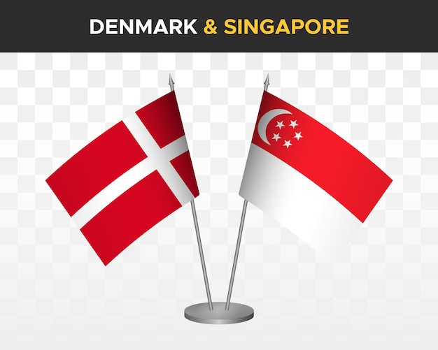 Dänemark vs singapur schreibtischfahnen mockup isoliert 3d-vektorillustration dänische tischflagge