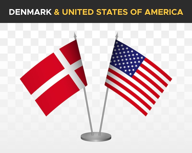 Dänemark vs usa vereinigte staaten amerika tischflaggen mockup 3d-vektorillustration dänische tischflagge