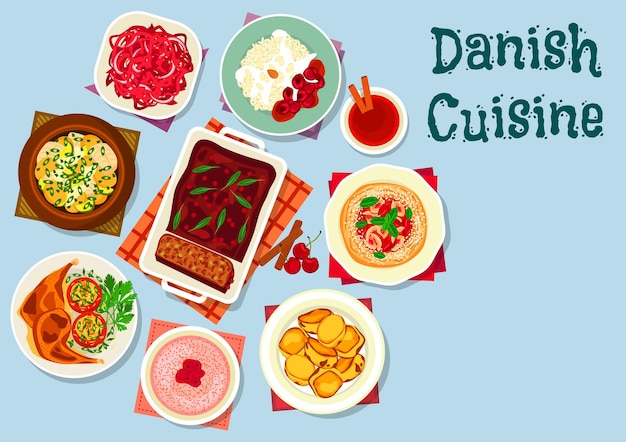Dänische und skandinavische küche gerichte ikone mit fischgemüse eintopf, rotkohlsalat, reisdessert, süßkartoffel, kirschbrötchen, fleischpastete, huhn mit kartoffel, milchbrei mit himbeere