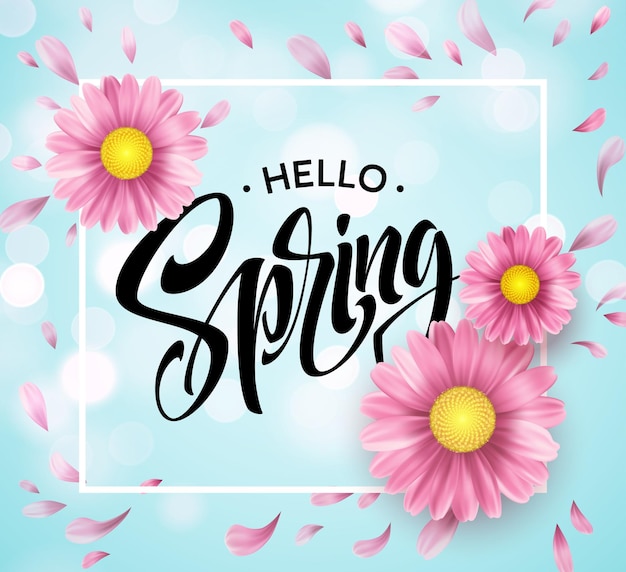 Daisy flower background und hello spring lettering. illustration