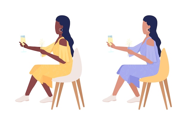 Dame mit bengalischen lichtern halbflache farbvektorzeichen set sitzende figuren ganzkörper-menschen auf weiß festale veranstaltung einfache cartoon-stil-illustration für webgrafikdesign und animationspaket