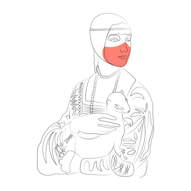 Vektor dame mit einem hermelin in einer maske strichzeichnungen farbflecken minimalismus coronavirus covid