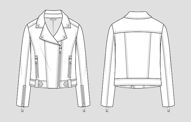 Damen bikerjacke aus leder. mode-skizze. flache technische zeichnung. vektor-illustration.