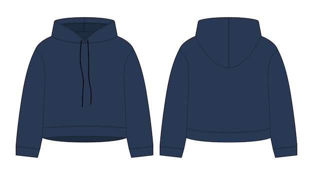Vektor damen crop hoodie technische skizze dunkelblaue farbe cad mockup template hoody
