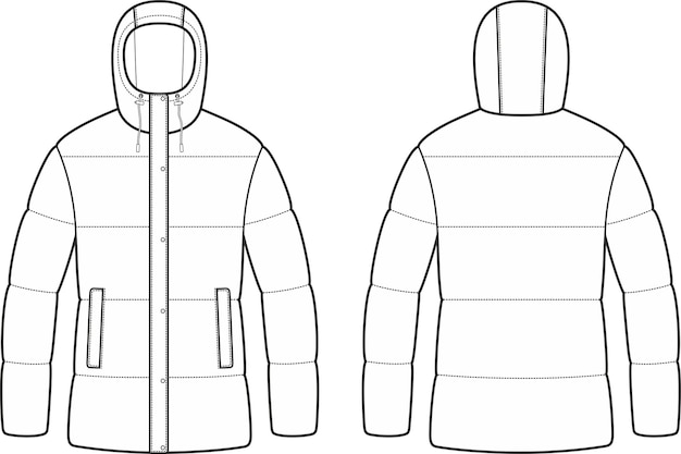 Vektor damen-daunenjacke mit kapuze vorne und hinten. mode-cad-vektorillustration