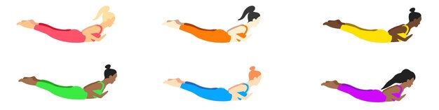Damen Yoga Pilates Posen europäisch afrikanisch asiatisch Set im Cartoon Flat Style Sporttraining