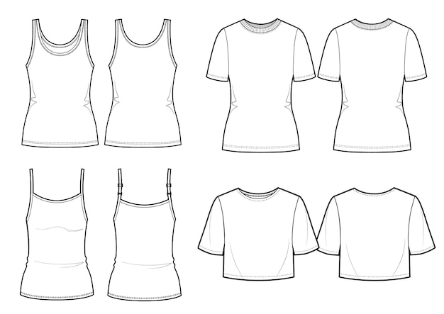 Vektor damenbekleidungsset leere vorlagen für t-shirts und basic-tops lässiger stil