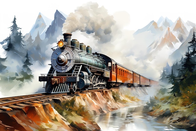 Vektor dampflokomotive auf einer schneebedeckten straße illustration digital vector artwork