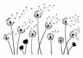 Vektor dandelion wind blasen hintergrund schwarze silhouette mit fliegenden dandelion knospen auf weiß abstrakt fliegende samen dekorative grafiken für den druck blumen szene design