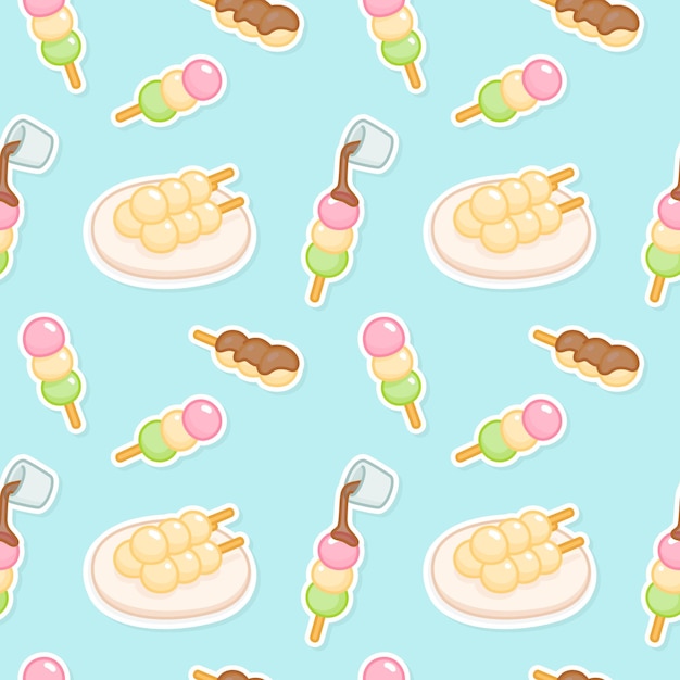 Dango dessert süßigkeiten japan kawaii doodle flacher vektor nahtloses muster geschenkpapier hintergrund