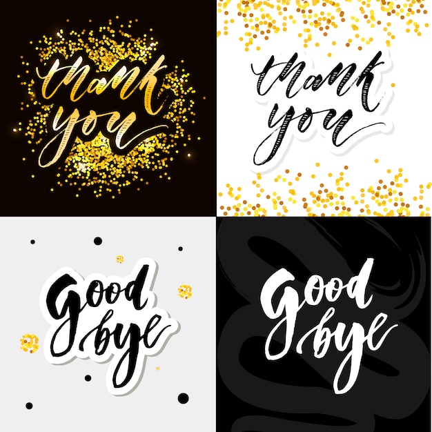 Danke Slogan Auf Wiedersehen Kalligraphieschwarzes Text-Goldsterne. Hand gezeichnetes Einladung T-Shirt Druckdesign. Handgeschriebener moderner Bürstenbeschriftungs-Weißsatz