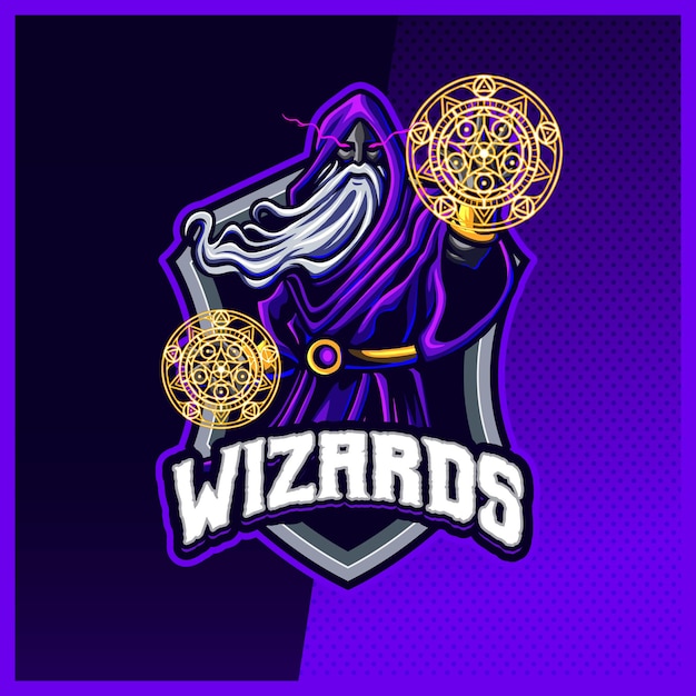 Dark wizard magician maskottchen esport logo design illustrationen vektorvorlage, hexe, magier logo für team game streamer youtuber banner twitch discord, vollfarb-cartoon-stil