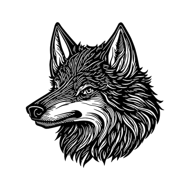 Vektor darstellung eines wolfskopfes im stil von linenschnitt-gravur-holzschnitt schwarz-weiß-weißer hintergrund