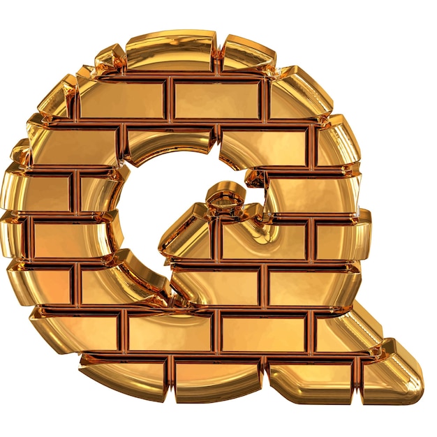 Das 3d-symbol aus goldziegeln buchstabe q