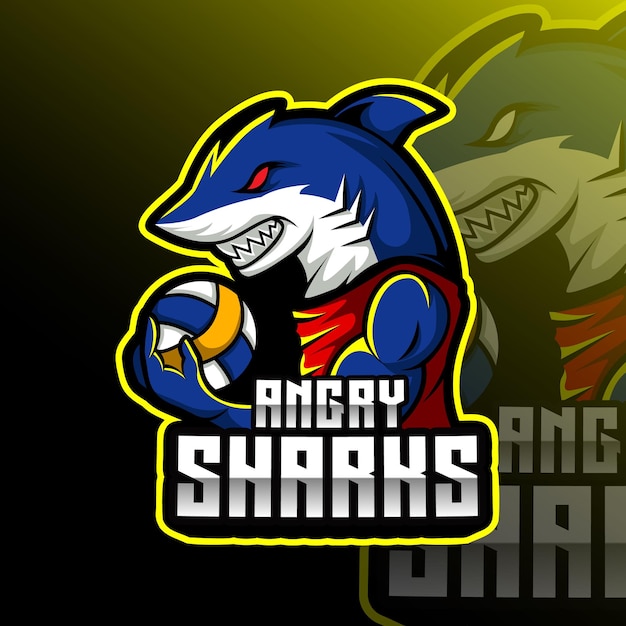 Vektor das abzeichen des angry shark volleyball tierteams.