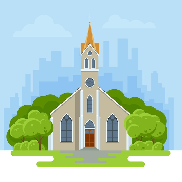 Das äußere einer modernen kirche. kleine kirchensommerlandschaft. vektorillustration für religionsarchitekturdesign. symbole des katholizismus, religiöse werte.