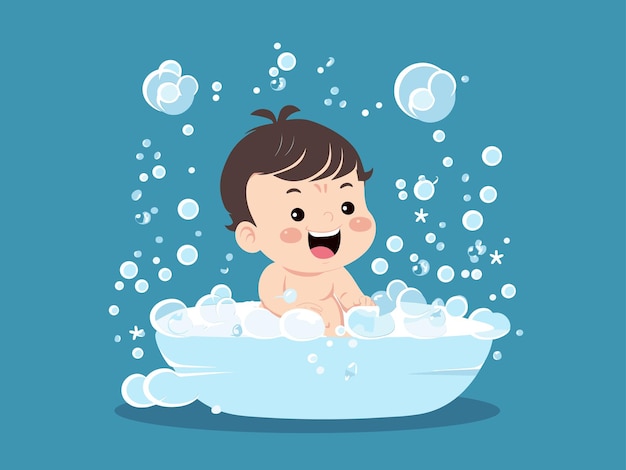 Das Baby badet glücklich in der Blasenbadewanne.