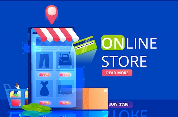 Das Banner des Online-Shops. Eine Shopping in App im Handy. Eine schnelle Lieferung und kaufen Symbole. flache Illustration