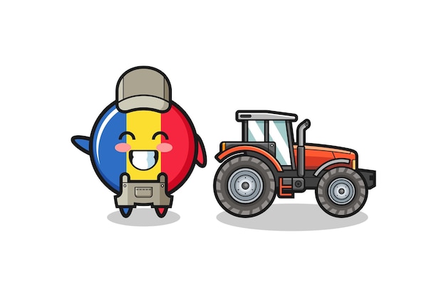 Das Bauernmaskottchen der rumänischen Flagge, das neben einem Traktor steht