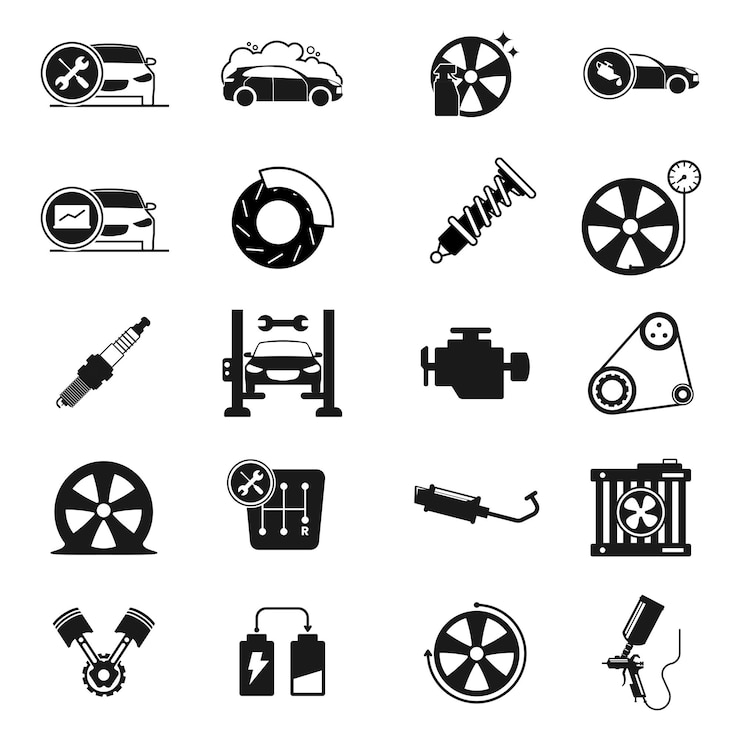 Vektor das bild enthält eine sammlung von schwarz-weißen auto-service- und wartungssymbolen diese symbole repräsentieren verschiedene automotive-bezogene konzepte
