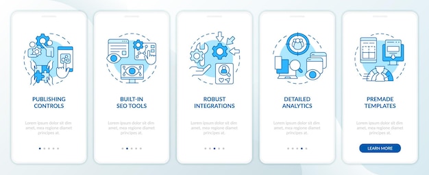 Das Content-Management-System verfügt über einen blauen Onboarding-Bildschirm für mobile Apps