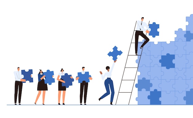 Das Geschäftsteam sammelt zusammen eine Wand aus Puzzles