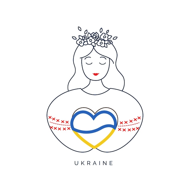 Das Gesicht einer jungen ukrainischen Frau, die ein Herz in den Farben der ukrainischen Flagge hält