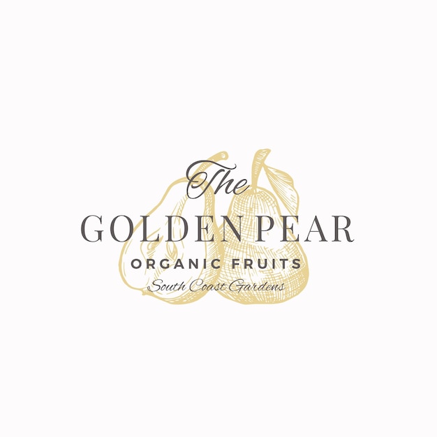 Das goldene Birnen-abstrakte Vektorzeichen-Symbol oder die Logo-Vorlage Birne mit Blatt und Hälfte der Birnen-Sillhouettes-Skizze mit elegantem Retro-Typografie-Vintage-Luxus-Emblem