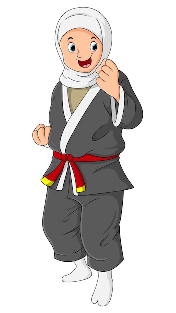Das hijab-mädchen macht karate mit einer verteidigungsposition