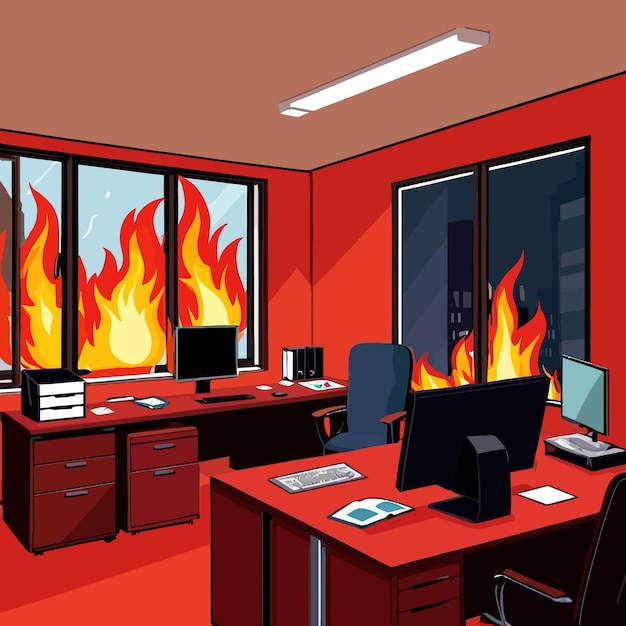 Das Innere eines Geschäftsbüros im Feuer-Vektor-Clipart-Illustration