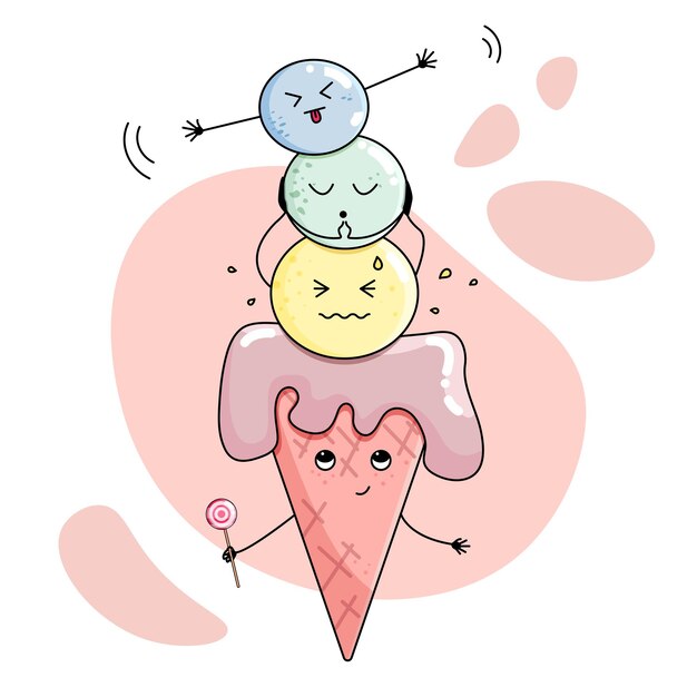 Vektor das kawaii flache bunte emotionale eis