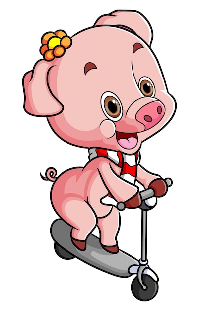 Das kleine schwein spielt einen roller, während es einen illustrationsschal trägt