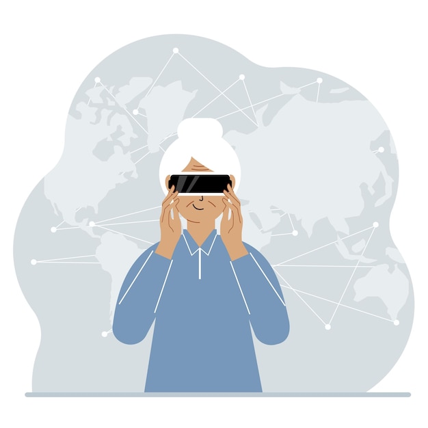 Das Konzept der erweiterten oder erweiterten Realität. Großmutter mit 3D-Brille oder Virtual-Reality-Headset. Auf dem Hintergrund der Weltkarte.