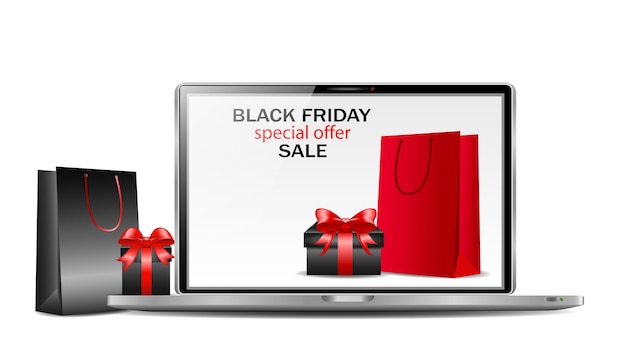 Das Konzept des Online-Shoppings am Black Friday und Cyber Monday Online-Bestellungen von Waren und Geschenken aus Online-Shops Laptop mit einer offenen Seite des Online-Shop-Werbebanners E-Commerce