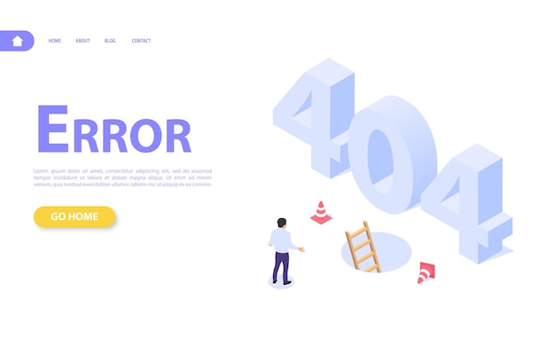 Das Konzept einer Webseite mit einem Fehler 404. Der Mann auf dem Hintergrund der großen Buchstaben 404 und der Treppe in der Grube. Site-Seite funktioniert nicht, Ladefehler. Flache isometrische Vektorillustration.