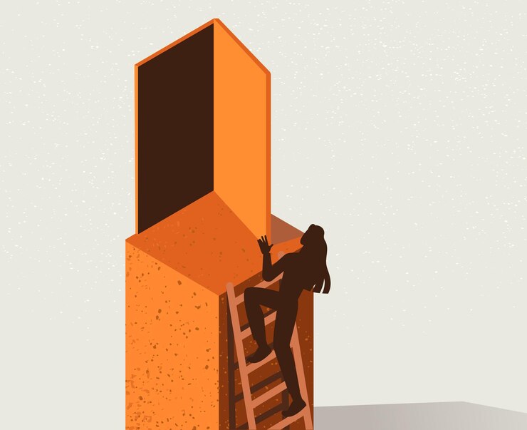 Vektor das konzept, in die unbekannte zukunft zu treten. eine frau klettert die treppe hinauf und öffnet die tür zu einem anderen leben.