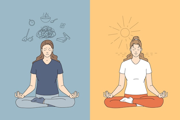 Das konzept von meditation und psychischer gesundheit das mädchen praktiziert zunächst meditation und wird von gedanken über probleme gestört, aber mit der zeit normalisiert sich alles wieder