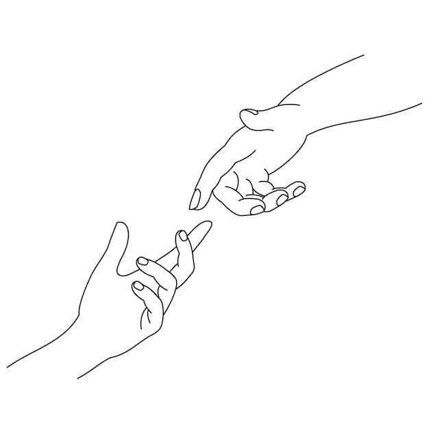 Das Konzept von zwei Händen, die versuchen zu helfen, die Hand des kleinen Kindes zu erreichen oder zu berühren und zu beten