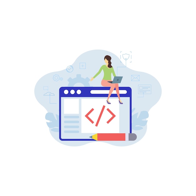 Vektor das mädchen arbeitet an der codierung von webseiten