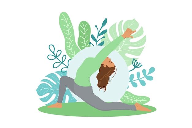 Das mädchen beschäftigt sich mit yoga auf dem hintergrund einer floralen abstrakten komposition vektorillustration