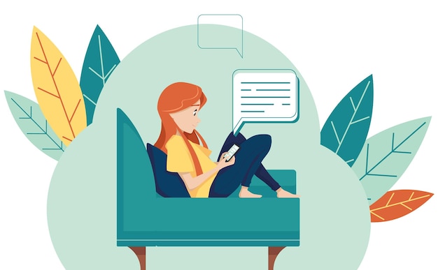 Das Mädchen kommuniziert am Telefon. Moderne Illustration im flachen Stil.