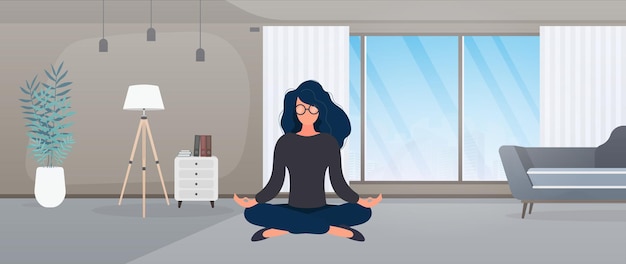 Das Mädchen meditiert im Raum. Mädchen, das Yoga tut. Vektor-Illustration.