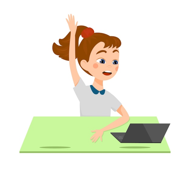 Das mädchen sitzt am schreibtisch mit laptop homeschooling concept online studiert cartoon-illustration