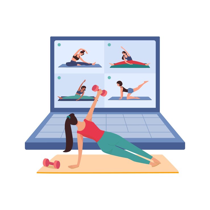 Das Mädchen treibt zu Hause Sport durch Videokommunikation auf einem Smartphone-Notebook