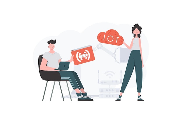Das Mädchen und der Mann sind ein Team im Bereich des IoT-Konzepts für das Internet der Dinge, gut für Websites und Präsentationen. Vektorillustration im flachen Stil